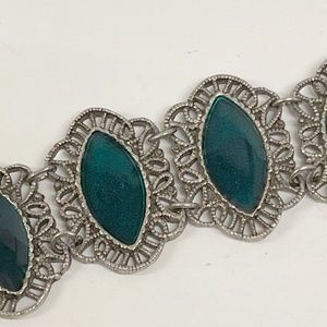 Moroccan Green Stone and Filigree Vintage Bracelet Signed 1320 8.5”
